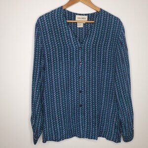 Galinda Womens Vintage 100% Silk Blue Geometric Button Up Blouse Size L Mature